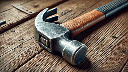 A close-up image of a well-used hammer resting on a wooden workbench.