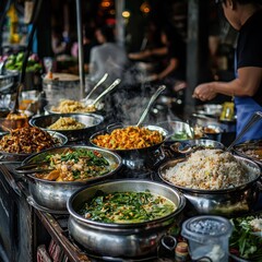 Obraz premium Street Food Market Stall with Variety of Dishes Thailand