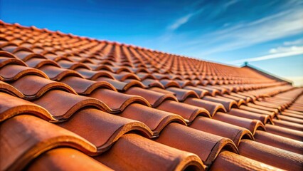 Close-up of a red-brown tile roof with blurred blue sky background on a sunny morning, red-brown, tile roof, house