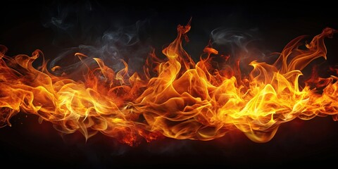 Fototapeta premium Abstract fire element on a dark background, fire, flames, hot, heat, burning, red, orange, black, abstract, elemental, inferno