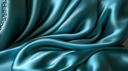 Obraz premium Teal satin fabric with soft, flowing folds.
