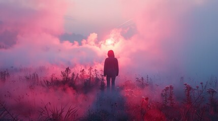 Man's Silhouette in Pink Smoke: Enigmatic Landscape