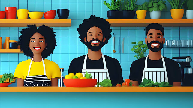 Three cheerful chefs in aprons smiling at the camera in a kitchen setting.