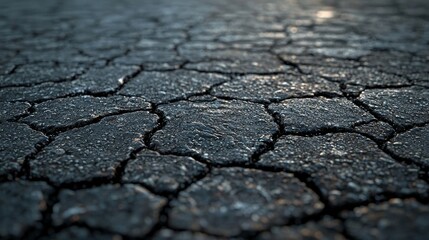 The black road texture captured from a top-down perspective is rich in details, with small cracks and matte surfaces, suitable for video games, 3D modeling, and visual effects applications.