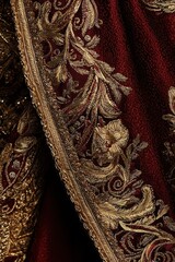 Fototapeta premium Gold Embroidery on Red Fabric Close up Texture Decorative Detail Fabric Design