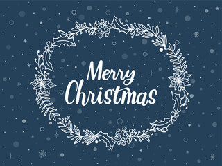 Hand drawn Christmas vector design with Merry Christmas lettering in calligraphic style, Christmas wreath, snow and stars. Seasonal vector illustration, white elements on blue background