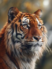 Fototapeta premium Serene Bengal Tiger, Panthera tigris tigris, close up with warm tones in grassland