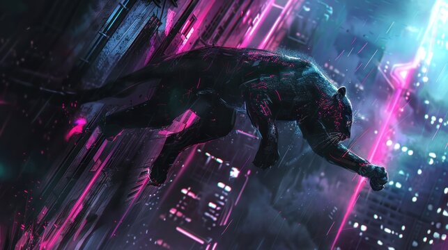 Cyberpunk action animal Panther city background. AI generated images