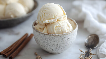 Three scoops of vanilla ice cream in a ceramic bowl with cinnamon sticks on a white background.