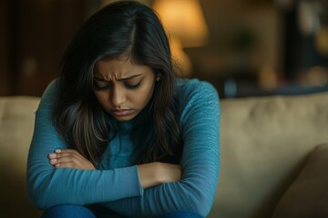 Sad depressed Indian woman sitting in her living room, depression and loneliness, mental health concept. Horizontal (3:2)