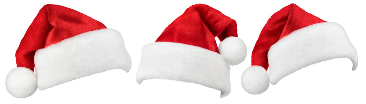 Set of Santa Claus red hat or Christmas red cap isolated on transparent background