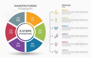 Visual data presentation. Cycle diagram with 6 options. Pie Chart Circle infographic template with 6 steps, options, parts, segments. Business concept. Marketing infographic vector illustration.
