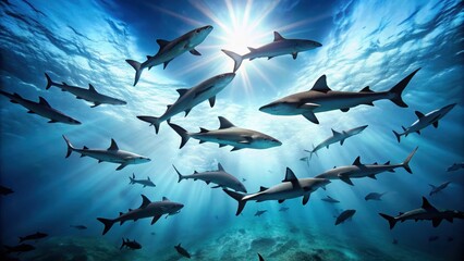 Obraz premium A school of sharks circling from above in clear blue water, sharks, ocean, predator, wildlife, underwater, marine life, danger