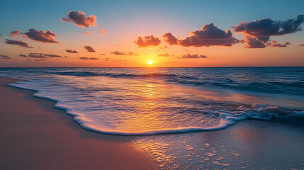 Obraz premium Tranquil beach sunset with foamy waves.