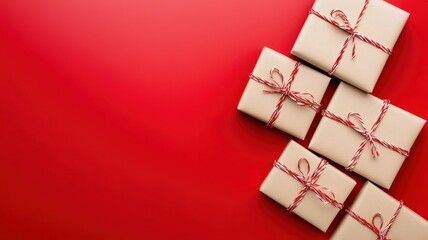 A collection of beautifully wrapped gifts on a vibrant red background, perfect for holiday celebrations and special occasions.