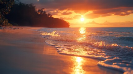 Golden Sunset Ocean Waves Beach Landscape
