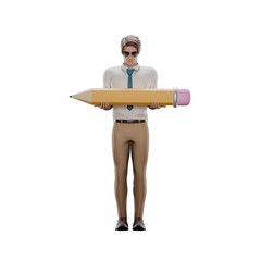 Male School Teacher 3D. Male teacher stands with both hands holding a large pencil. Professional Illustration