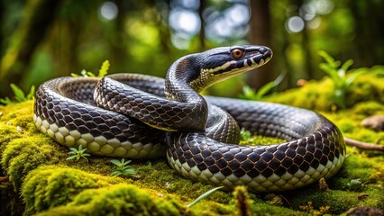 Fototapeta premium A dark, slithering serpent featuring striking white circular patterns alternating along its sleek, scaly body, set against a blurred, mossy green forest floor backdrop.