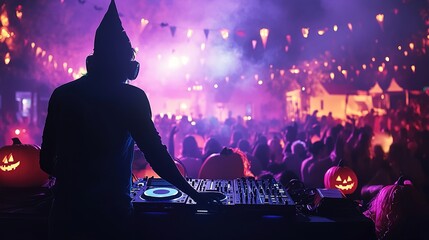 A DJ spinning tracks at a Halloween party, with the crowd dancing in costume.