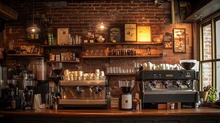 A cozy coffee shop with warm tones and fair-trade coffee beans on display