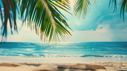Fototapeta premium Beautiful sea view and palm leaves. Tropical landscape for luxury travel and vacation background.