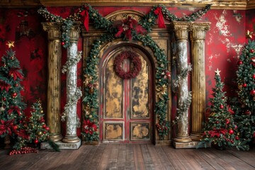 A Christmas scene with a large window and a mountain in the background