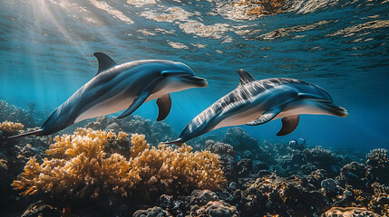 Naklejka premium Two dolphins swim over a coral reef in the ocean.