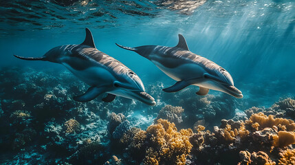Obraz premium Two dolphins swimming in the ocean with coral reefs in the background.