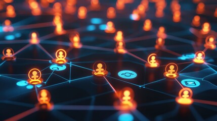 3D digital representation of online communities with interconnected glowing icons, no people