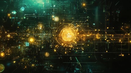 Obraz premium Abstract digital background featuring glowing symbols and circuits, symbolizing a global online community, no people
