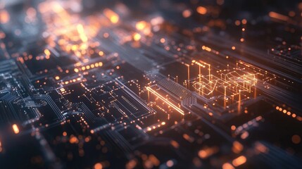 Fototapeta premium Abstract digital background featuring glowing symbols and circuits, symbolizing a global online community, no people