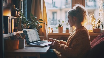 A freelancer working in a cozy home office, exploring insurance options on their laptop.