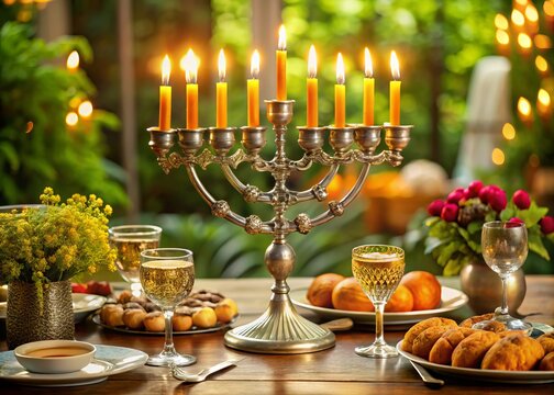 Traditional Jewish menorah with nine candles lit, decorated with intricate designs and placed on a beautifully set