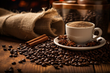 Cup of coffee with cinnamon sticks and coffee beans on a wooden surface. Close-up photography of a warm drink surrounded by spices.