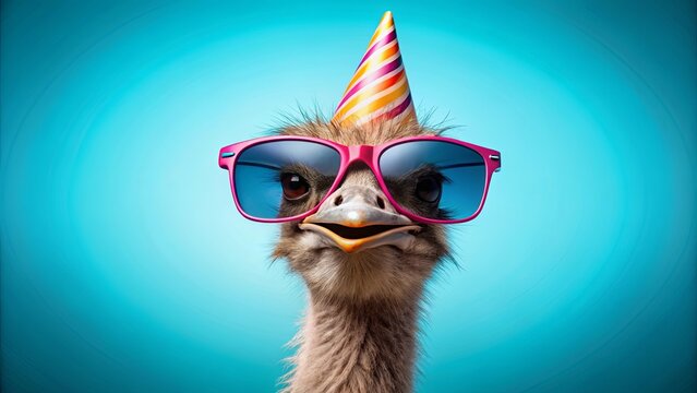Whimsical stock photo of stylish ostrich in sunglasses and party hat against blue background, exuding carefree attitude and goofiness