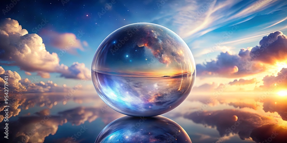 Wall mural crystal sphere capturing the universe with cosmic scene reflection, ethereal clouds, and floating or
