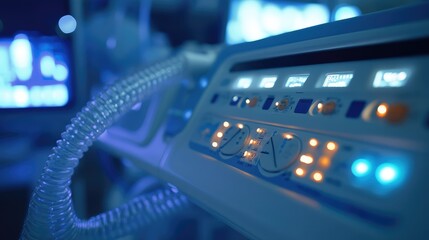 Close-up of a medical ventilator control panel, with illuminated buttons and dials, blurred ICU environment in the background, no people