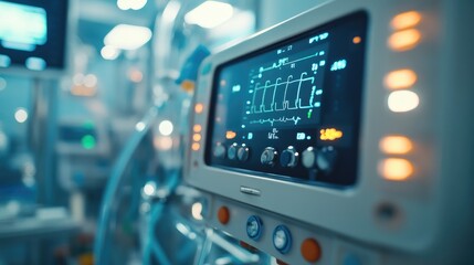 Close-up of a medical ventilator control panel, with illuminated buttons and dials, blurred ICU environment in the background, no people