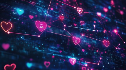 Obraz premium Collage of digital symbols like hearts, thumbs-up, and chat bubbles on a virtual network map, no people