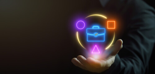 Business Continuity Planning, document that explains the actions you should take before, during and after unexpected events and situationss. Business Continuity Planning icon on virtual screen.