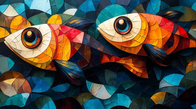 Colorful cubism illustration of fish in the ocean. 