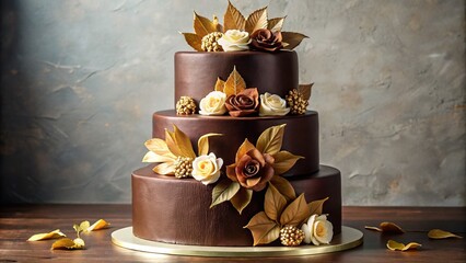A gorgeous, multi-tiered masterpiece features velvety chocolate fondant, delicate sugar flowers, and golden leaf accents, exuding sophistication and opulence for a milestone celebration.
