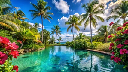 Fototapeta premium turquoise pool surrounded by lush greenery, swaying palms, and vibrant hibiscus flowers under a bright blue Hawaiian