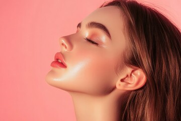 Fototapeta premium Beautiful young adult woman in profile with healthy shiny skin. Photo of gorgeous girl after morning beauty cosmetic routine finishes daily makeup on pink background. Youth and skin care concept , ai