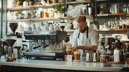 Fototapeta premium A skilled barista prepares coffee in a modern cafe, showcasing precision and passion in every pour.