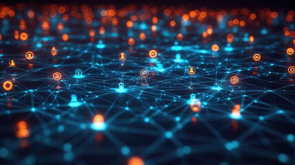 Floating icons and lines forming a network map, symbolizing online collaboration, no people