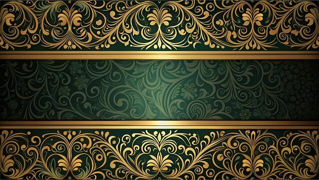 Elegant black and gold swirl patterned backgrounds with a touch of green and a gold border