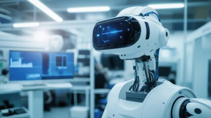 Fototapeta premium A humanoid robot equipped with a virtual reality interface stands in a modern tech lab, symbolizing the advanced integration of robotics and immersive technology.