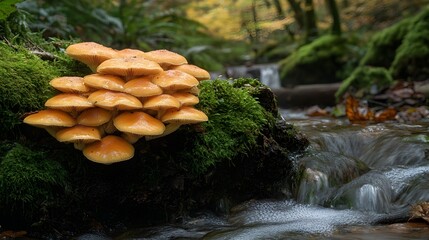 Cluster of Champagne Mushrooms on Moss Covered Log near Bubbling Stream in Lush Forest