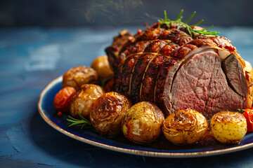 Roast beef with potatoes and herbs on a serving plate. Close-up food photography of a roasted meat dish.